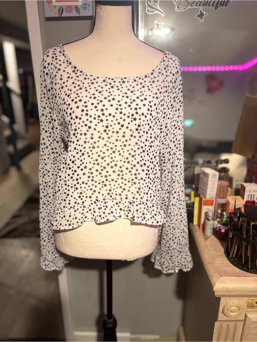 Women's Sheer White Star Print Long Sleeve Blouse Bell sleeve Ruffle